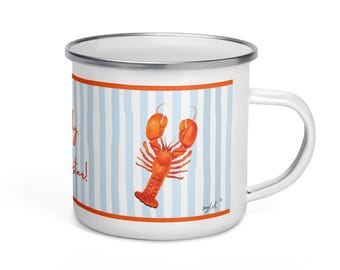 Personalized enamel mug, lobster design, for travel, camping, beach, garden, campervan, hiking, 300ml, gift for family, friends
