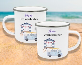 Personalized enamel mug, vanlife camping on the way to the beach, in a campervan, 300ml, gift for family, friends, luxury chicks on tour