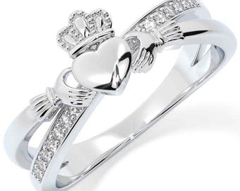 Anillo Claddagh de plata de ley con corazón coronado y moissanita, alianza irlandesa de amor, amistad y lealtad, anillo de promesa, regalo de joyería celta para ella.