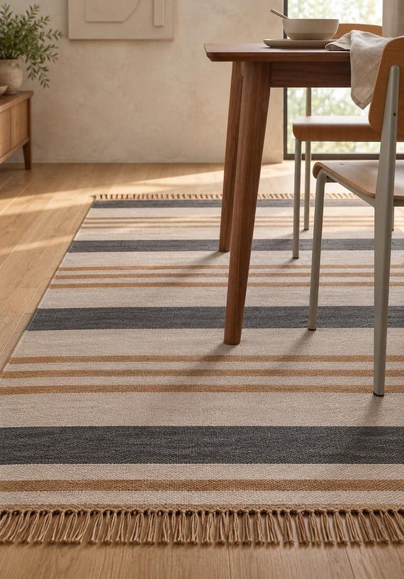 Charcoal Grey & Tan Striped Flatweave Area Rug | Cream Horizontal Kilim Carpet | Fringe Floor Mat | Scandinavian Mid Century Room Decor