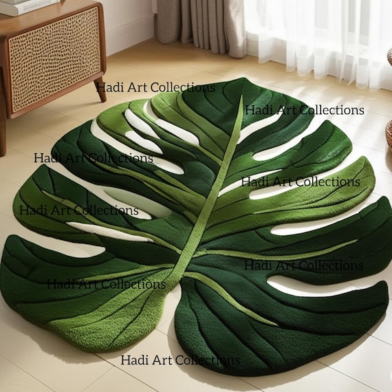 Monstera Leaf Hand-Tufted Rug – Green Botanical Shaped Carpet for Boho Home Decor, Jungle Aesthetic Nursery & Living Room and Rug
