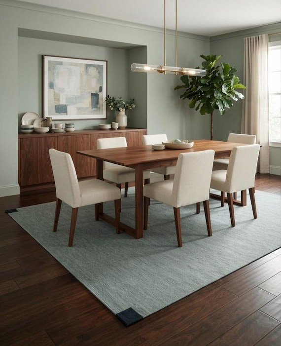 Sage Green Minimalist Flatweave Area Rug | Slate Blue Dining Kilim Carpet | Corner Accent Woven Floor Mat | Modern Scandinavian Room Decor