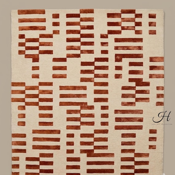 Mid-Century Modern Geometric Rug | 8x10ft Rust and Cream Abstract Area Rug | Hand-Tufted Terracotta Boho Carpet | Deep Texture Custom Size