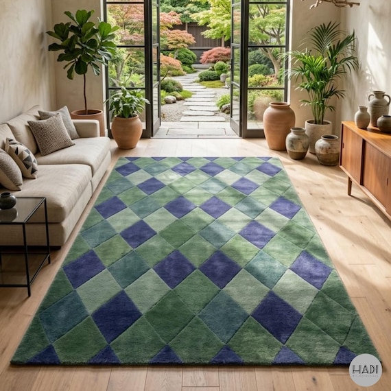 Hand Tufted Teal Blue Wool Area Rug | 8x10ft Cream Dotted Border Minimalist Rug | Modern Nursery Room Decor | Plush Living Room Carpet