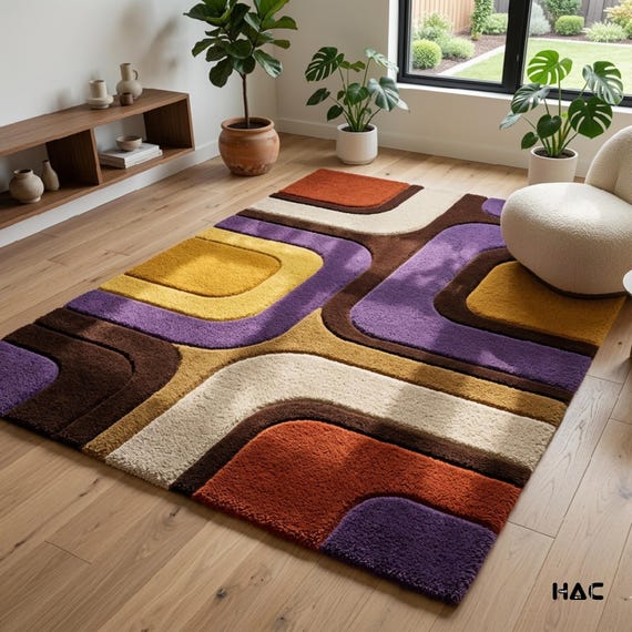 Retro 70s Style Geometric Area Rug | Mid Century Modern Colorful Tufted Rug | Groovy Funky Living Room Decor | Abstract Hadi Art Collection
