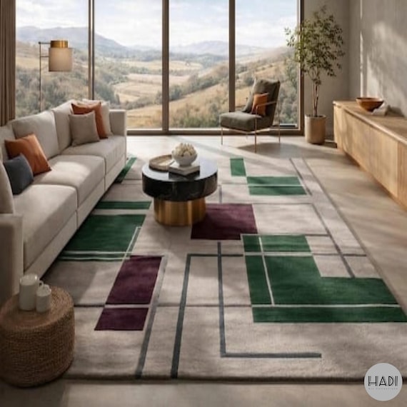 Mid Century Modern Geometric Rug | Bauhaus Style Hand Tufted Wool Carpet | Green, Maroon & Beige Abstract Area Rug for Living Room | Custom