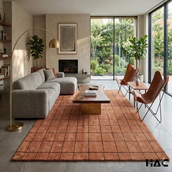 Terracotta Grid Area Rug | Hand Tufted Modern Wool Rug | Rust Orange Windowpane Rug for Living Room | Mid Century Custom Rug | Minimalist