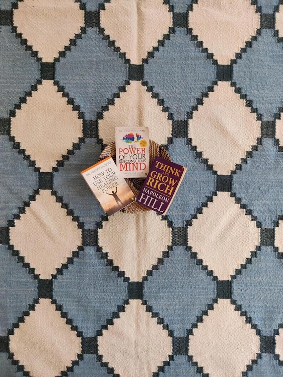 Blue Geometric Flatweave Area Rug | Cream Diamond Kilim Carpet | Pixel Trellis Floor Mat | Modern Coastal Scandinavian Room Decor