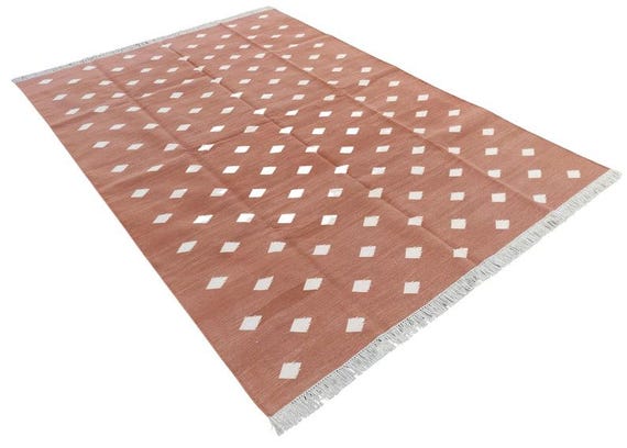 Terracotta Peach Diamond Flatweave Area Rug | Cream Polka Dot Kilim Carpet | Rust Pink Fringe Floor Mat | Scandinavian Minimalist Decor