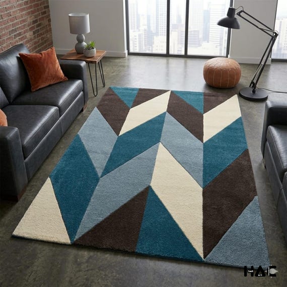 8x10ft Handcrafted Geometric Area Rug - Artisanal Wool Rug with Deep Texture - Deep Teal, Slate Blue, & Mocha Chevron Pattern - Modern Area