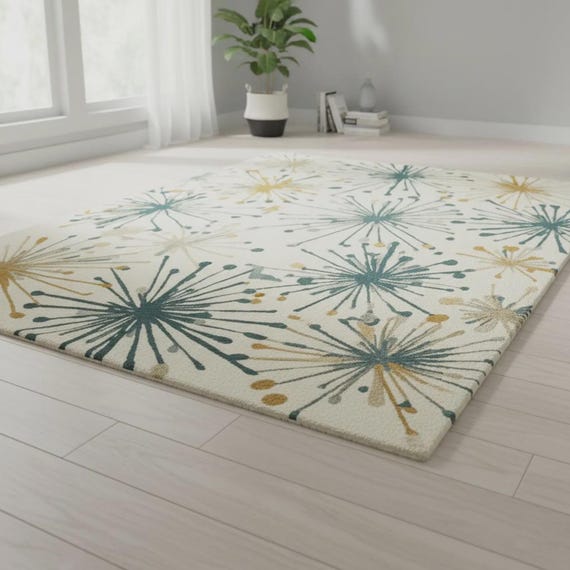 Mid Century Modern Area Rug | Retro Starburst Pattern Carpet | Handmade Wool Rug | Teal Mustard Living Room Decor | Vintage Modern Style