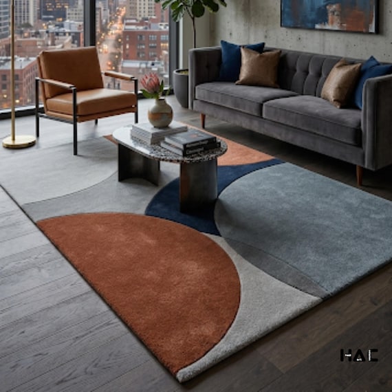 Mid Century Modern Rug, 7x10ft Geometric Abstract Area Rug, Hand Tufted Wool Rug, Rust Blue Navy Color Block Carpet, Deep Texture Living 6x9