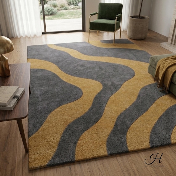 9x12 Hand Tufted Wavy Rug in Mustard Yellow & Grey | Modern Abstract Area Rug for Living Room, Bedroom | Custom Artisanal Textured Wool Rug