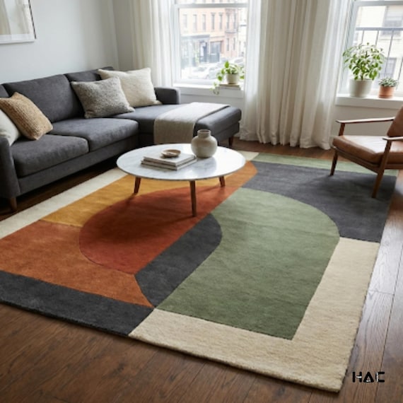 Mid Century Modern Rug, Geometric Color Block Area Rug, Bauhaus Style Abstract Carpet, Earth Tone Terracotta Olive Green Area Rug for Living