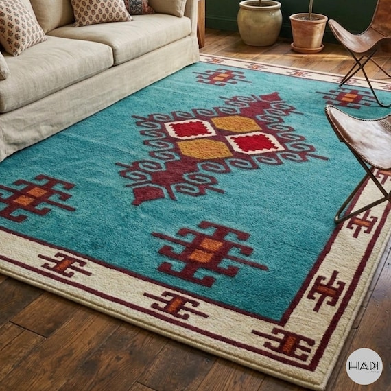 9x12ft Vibrant Turquoise Geometric Wool Rug | Moroccan Tribal Area Rug | Southwestern Bohemian Plush Carpet | Custom Size Deep Texture Wool