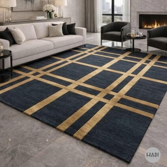 9x12ft Navy Blue and Gold Geometric Rug | Hand Tufted Modern Plaid Area Rug | Custom Size Luxury Carpet for Living Room & Bedroom 10x14ft