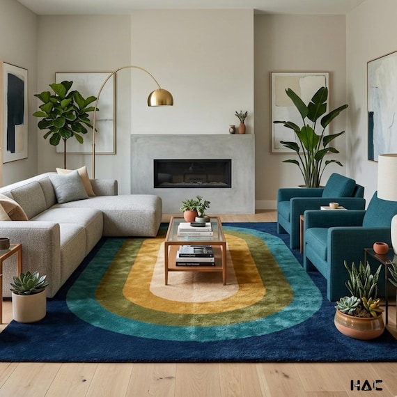 Mid Century Modern Retro Area Rug | 70s Geometric Oval Pattern Carpet | Navy Blue, Mustard Yellow & Teal Tufted Rug | Living Room Decor