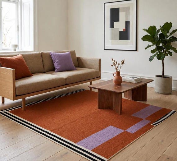 Terracotta & Purple Flatweave Area Rug | Rust Colorblock Kilim Carpet | Striped Border Floor Mat | Mid Century Modern Living Room Decor