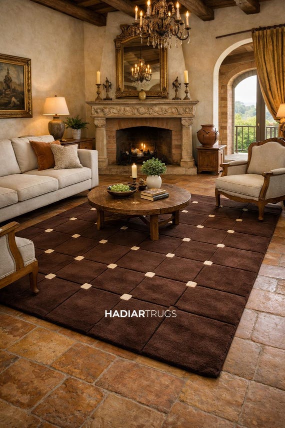 Hand-Tufted Handwoven Brown Grid Wool Rug – Luxury Carpet by HADIARTRUGS for Boho Home Decor, Jungle Aesthetic Nursery & Living Room and Rug