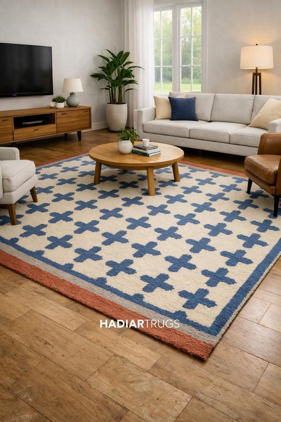 Hand-Tufted Blue Cross Wool Rug – Modern Geometric Carpet by HADIARTRUGS