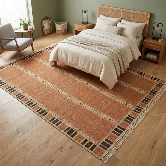 Terracotta Flatweave Area Rug | Southwestern Kilim Carpet | Rust Orange Boho Woven Floor Mat | Geometric Tribal Rug for Living Room Decor
