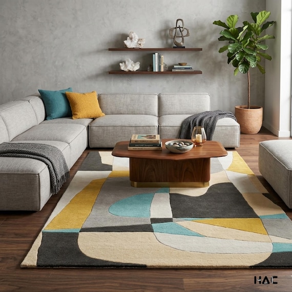 Mid Century Modern Geometric Area Rug | Abstract Color Block Rug in Teal, Mustard Yellow, Grey & Cream | Contemporary Living Room Deco