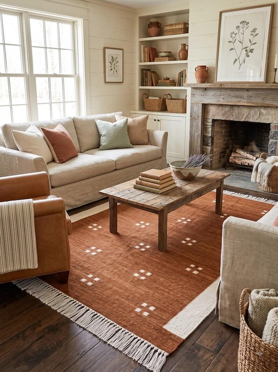Terracotta Red Geometric Flatweave Area Rug | Cream Dot Border Kilim Carpet | Rust Brown Fringe Floor Mat | Mid Century Modern Living Decor