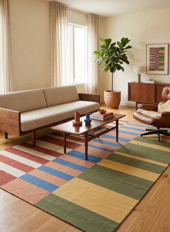 Modern Colorblock Striped Flatweave Area Rug | Bauhaus Geometric Kilim Carpet | Olive Rust Mustard Floor Mat | Mid Century Room Decor
