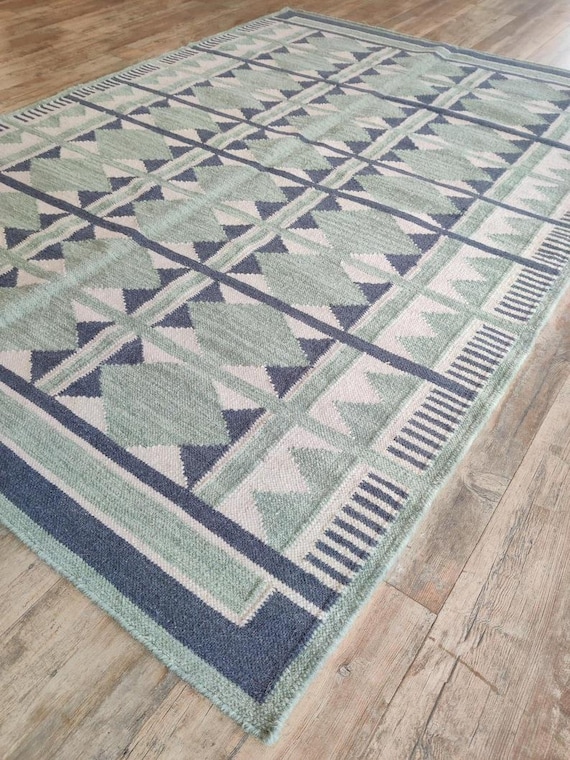 Sage Green Geometric Kilim Flatweave Area Rug | Aztec Diamond Wool Carpet | Navy Blue Bordered Floor Mat | Southwestern Living Room Decor