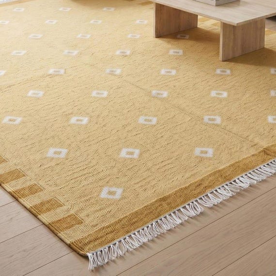 Mustard Yellow Diamond Flatweave Area Rug | Cream Polka Dot Kilim Carpet | Striped Border Fringe Mat | Scandinavian Nursery Living Decor