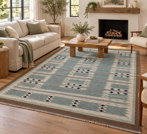 Sky Blue Geometric Kilim Flatweave Area Rug | Ivory Sawtooth Diamond Carpet | Brown Bordered Floor Mat | Southwestern Living Room Decor