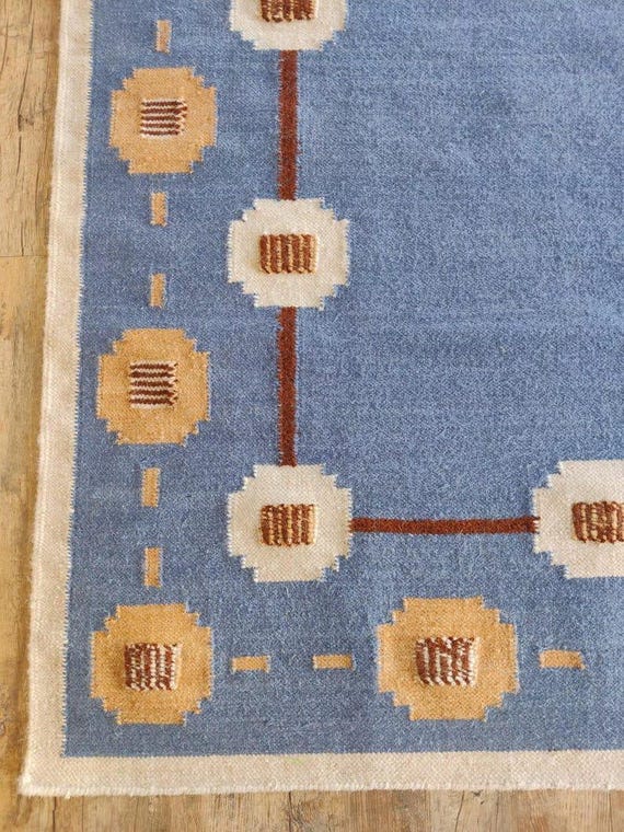 Sky Blue Geometric Border Flatweave Area Rug | Cream & Ochre Kilim Carpet | Southwestern Medallion Floor Mat | Modern Rustic Room Decor