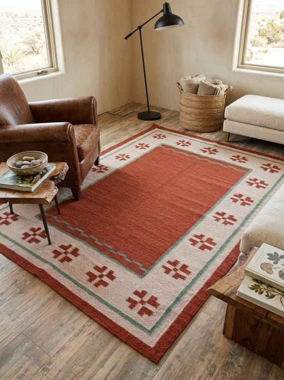 Terracotta Red Flatweave Area Rug | Cream Geometric Border Kilim Carpet | Southwestern Floor Mat | Boho Rustic Modern Room Decor