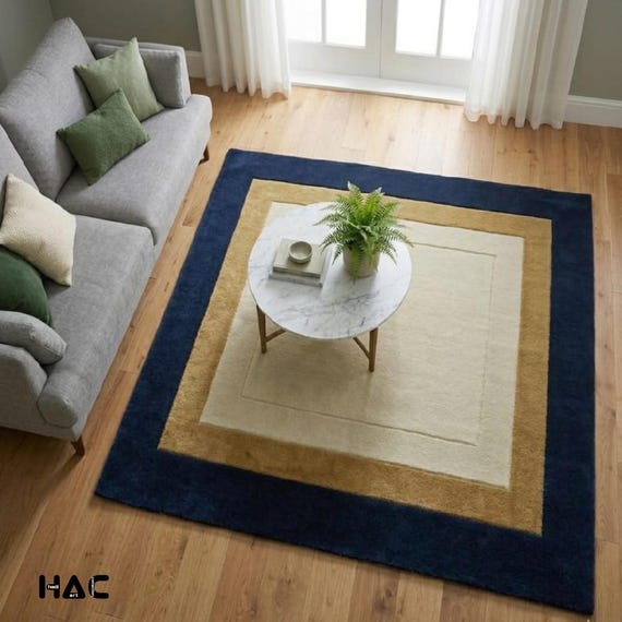Navy Blue & Gold Border Area Rug | Modern Cream Geometric Hand Tufted Carpet | Minimalist Color Block Living Room Rug | Custom Size Rug 8x10