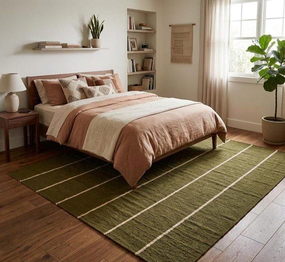 Olive Green Striped Flatweave Area Rug | Cream pinstripe Kilim Carpet | Minimalist Japandi Floor Mat | Modern Earthy Living Room Decor