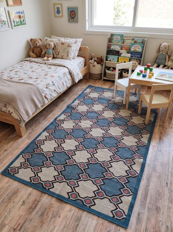 Blue Geometric Flatweave Area Rug | Cream & Coral Moroccan Kilim Carpet | Trellis Tile Floor Mat | Modern Southwestern Living Room Decor