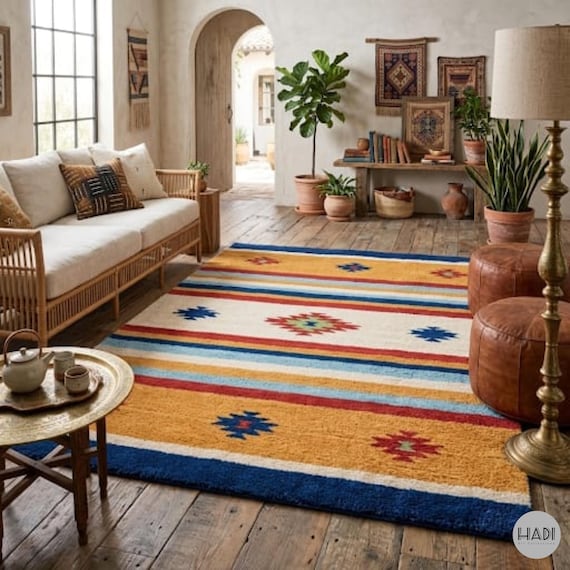 Handmade Wool Area Rug, Southwestern Tribal Rug, Boho Living Room Carpet, Geometric Pattern Rug, Colorful Striped Rug, Artisan Floor Decor
