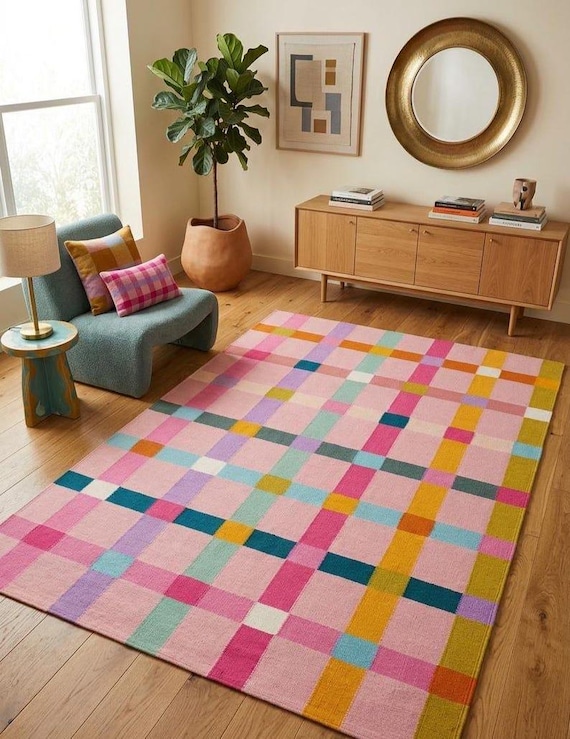 Colorful Pink Plaid Flatweave Area Rug | Pastel Checkered Kilim Carpet | Vibrant Geometric Floor Mat | Modern Eclectic Living Room Decor