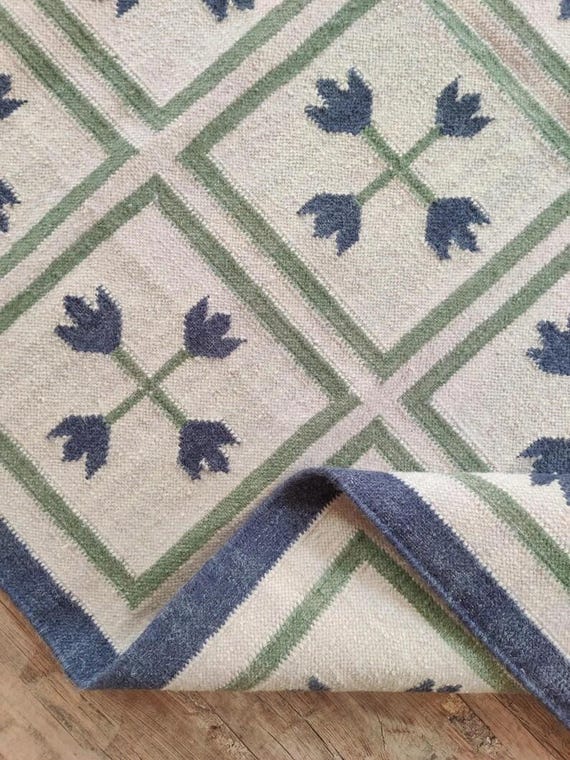 Blue Floral Grid Flatweave Area Rug | Cream Tile Pattern Kilim Carpet | Navy Blue Bordered Floor Mat | Modern Scandinavian Home Office Decor