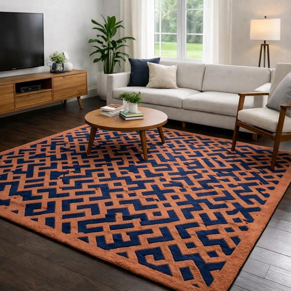 Hand-Tufted Navy & Terracotta Geometric Wool Rug – Modern Living Room Carpet by HADIARTRUGS