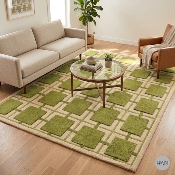 Olive Green Geometric Area Rug, Mid Century Modern Hand Tufted Wool Rug, 3D Textured Square Pattern Rug for Living Room, Custom Area Rug