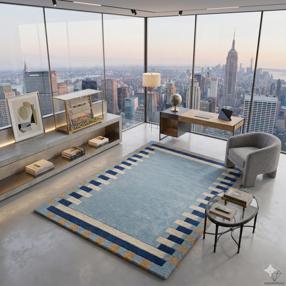 Handmade Hand-Tufted Sky Blue Wool Rug – Modern Geometric Design | Luxury Home Decor | HADIARTRUGS