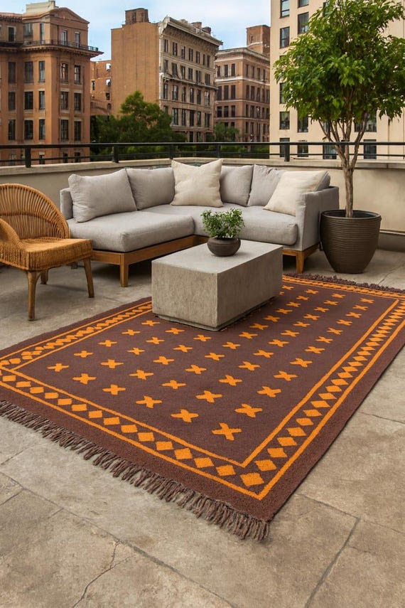 Terracotta Brown & Gold Geometric Flatweave Area Rug | Orange Cross Motif Kilim Carpet | Southwestern Diamond Border Fringe Mat Rustic Decor