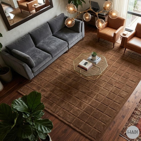 Minimalist Brown Grid Area Rug | 3D Deep Texture Hand Tufted Rug | Waffle Pattern Geometric Carpet for Mid Century Modern Living Room Decor