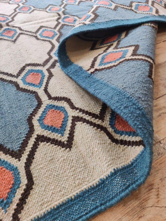 Blue Geometric Flatweave Area Rug | Cream & Coral Moroccan Kilim Carpet | Trellis Tile Floor Mat | Modern Southwestern Living Room Decor