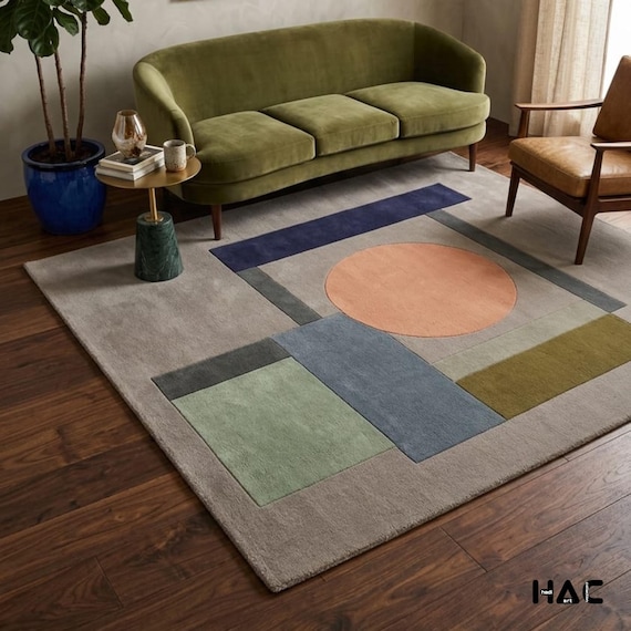 Mid Century Modern Geometric Area Rug, Abstract Hand Tufted Wool Rug for Living Room, Bauhaus Style Bedroom Rug, Custom Aesthetic Room Decor