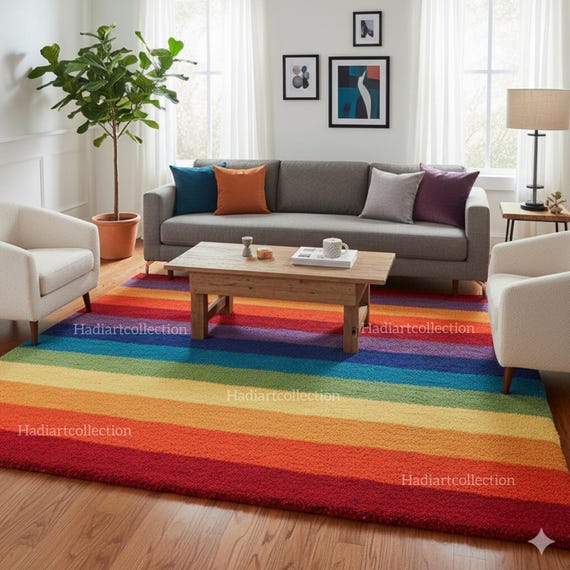 Hand Tufted Wool Rug – Rainbow Stripes, Modern Home Decor