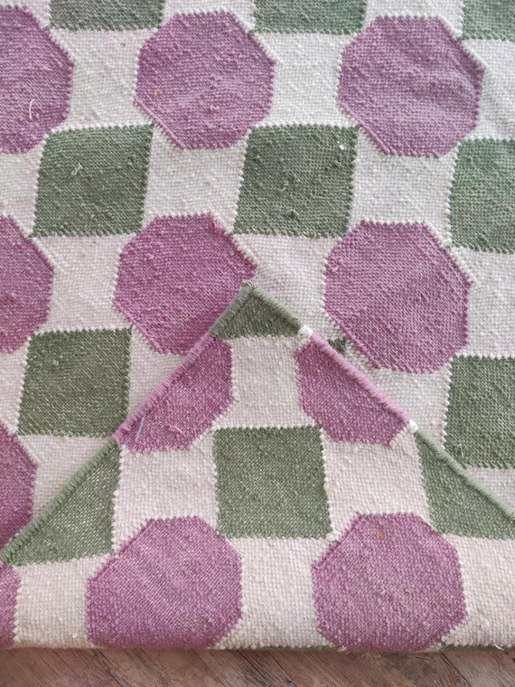 Green & Purple Geometric Flatweave Area Rug | Pastel Diamond Kilim Carpet | Cream Woven Home Office Floor Mat | Modern Eclectic Room Decor