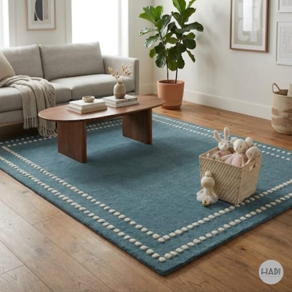 Hand Tufted Teal Blue Wool Area Rug | 8x10ft Cream Dotted Border Minimalist Rug | Modern Nursery Room Decor | Plush Living Room Carpet