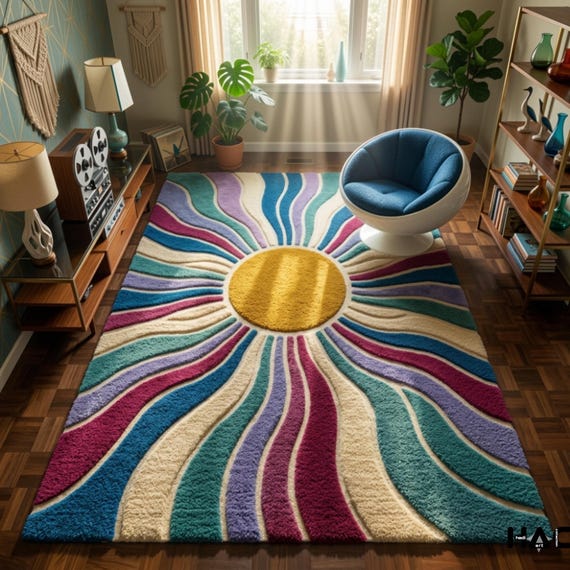 Colorful Retro Sunburst Shag Rug | 70s Style Wavy Tufted Area Rug | Mid Century Modern Boho Decor | Vibrant Statement Carpet by Hadi Art